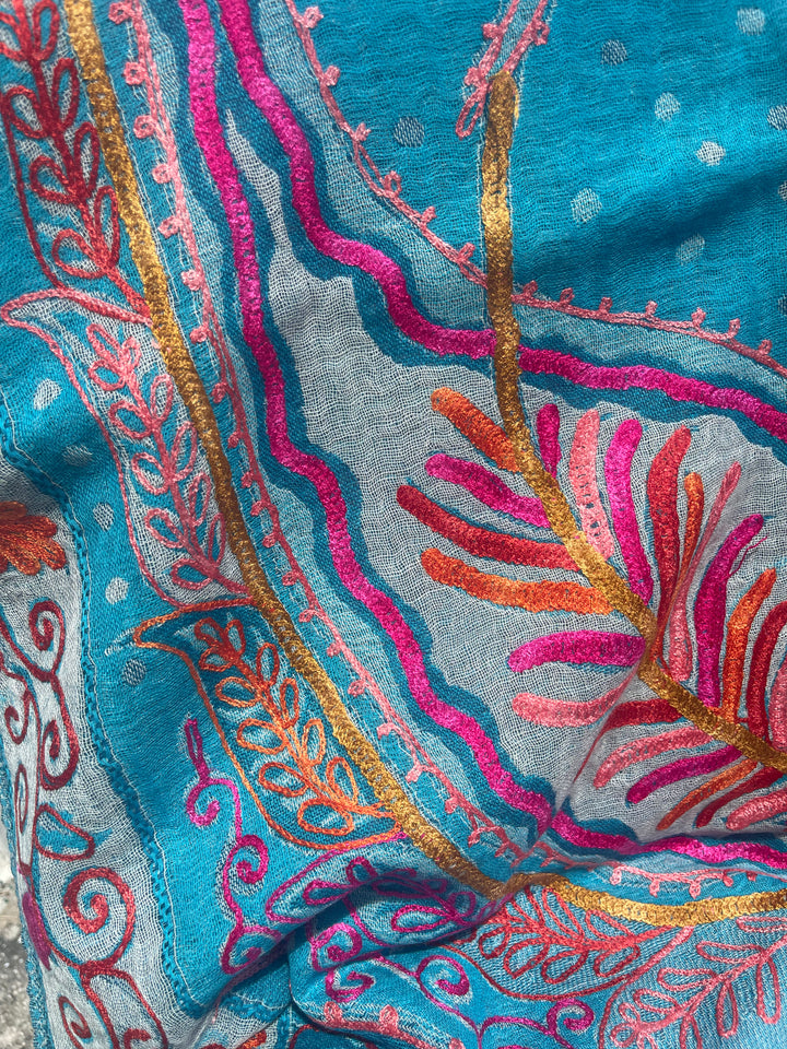 Pashmina, Turquoise/multi colored silk and cashmere scarf, bed runner, throw