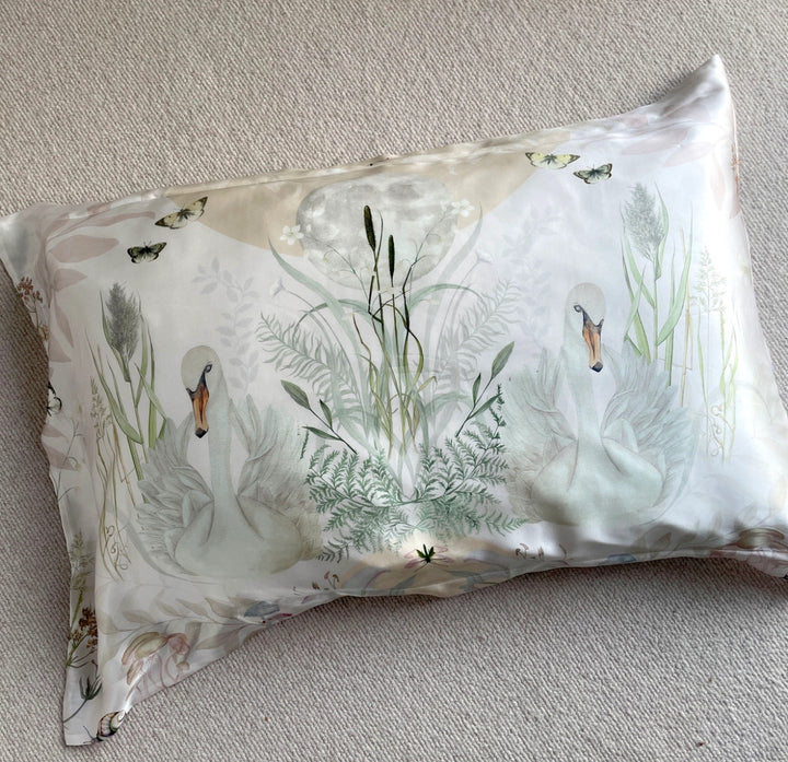 Hand painted 100% silk pillowcase with swans and foliage-creamy white Pattern: Graceful