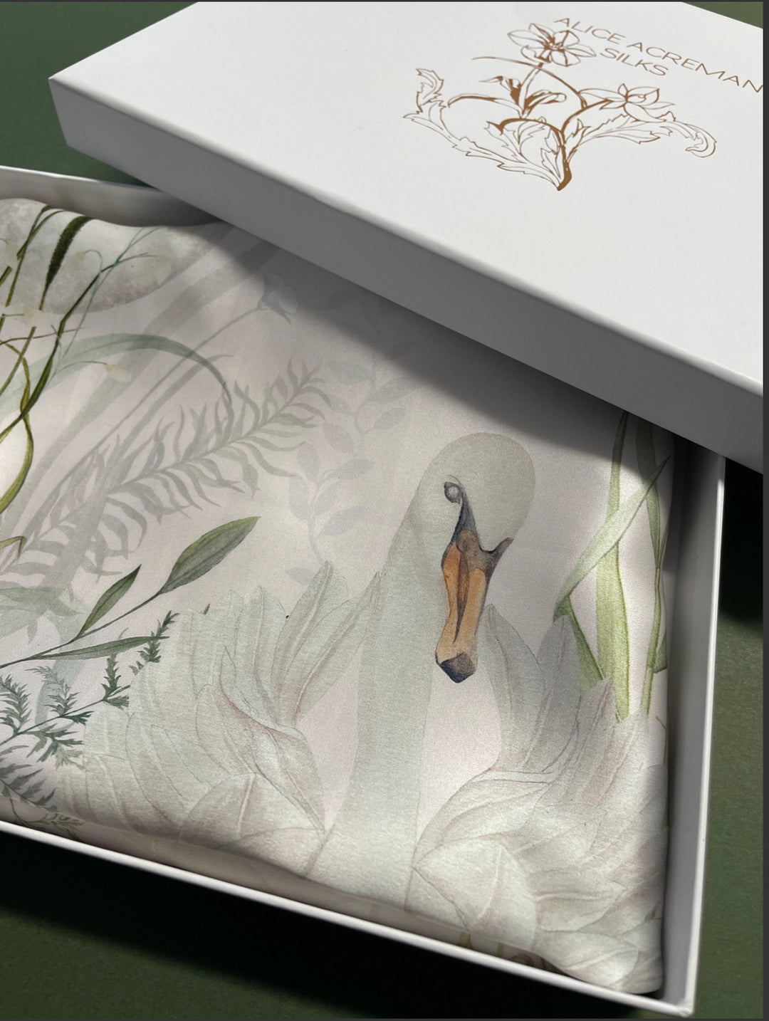 Hand painted 100% silk pillowcase with swans and foliage-creamy white Pattern: Graceful