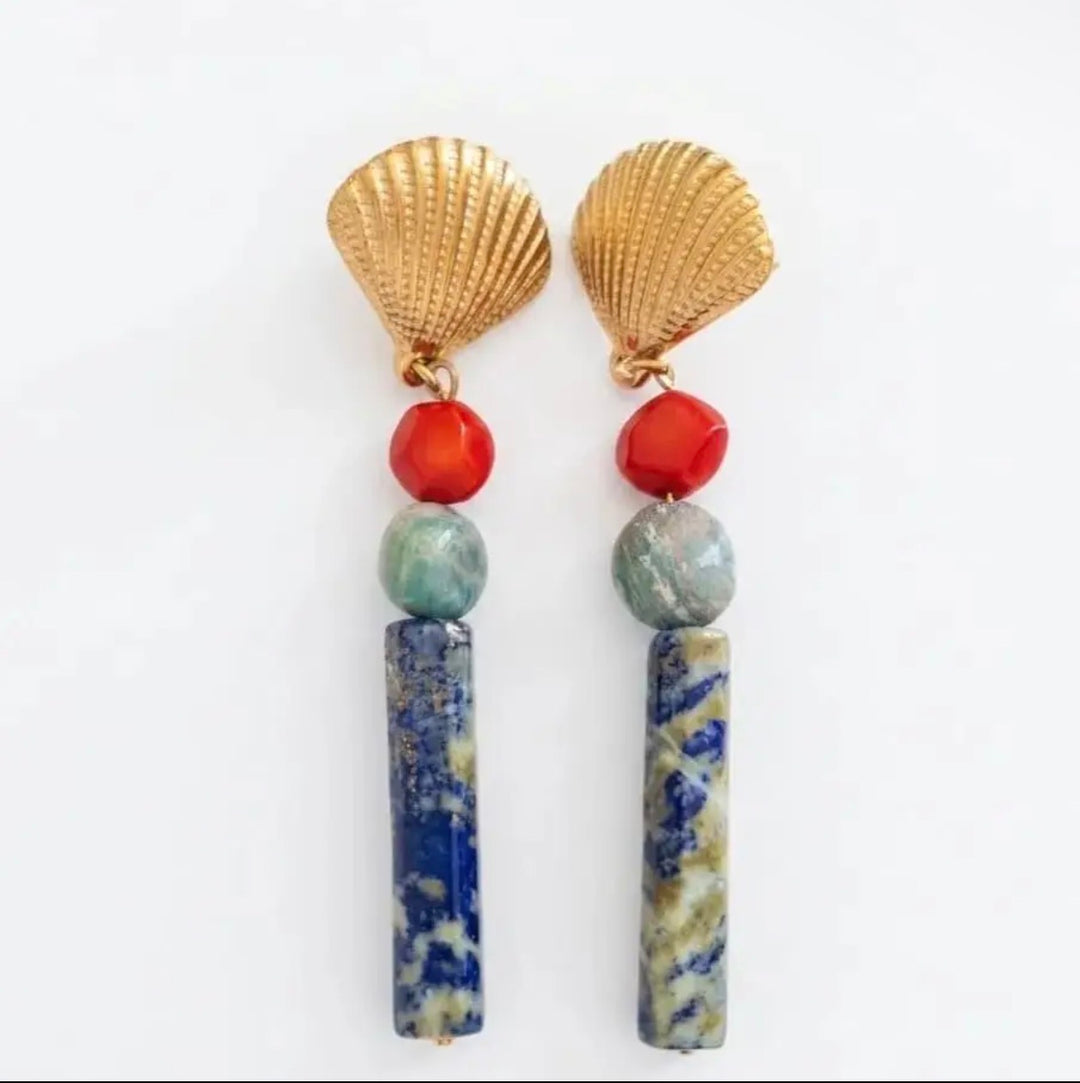 Handmade Totem Earrings with Stones and Gold Shell