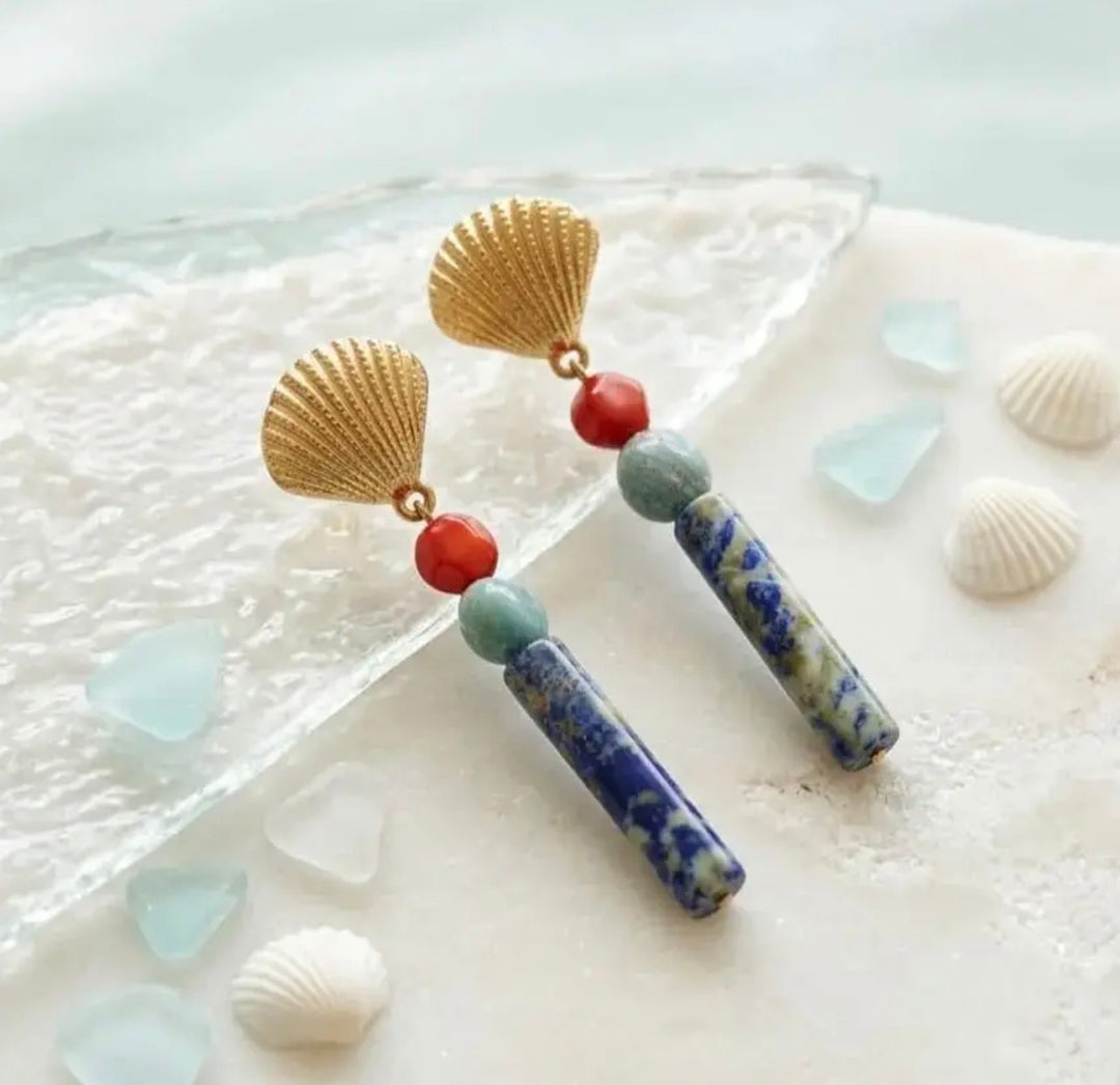 Handmade Totem Earrings with Stones and Gold Shell