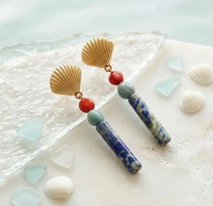 Handmade Totem Earrings with Stones and Gold Shell