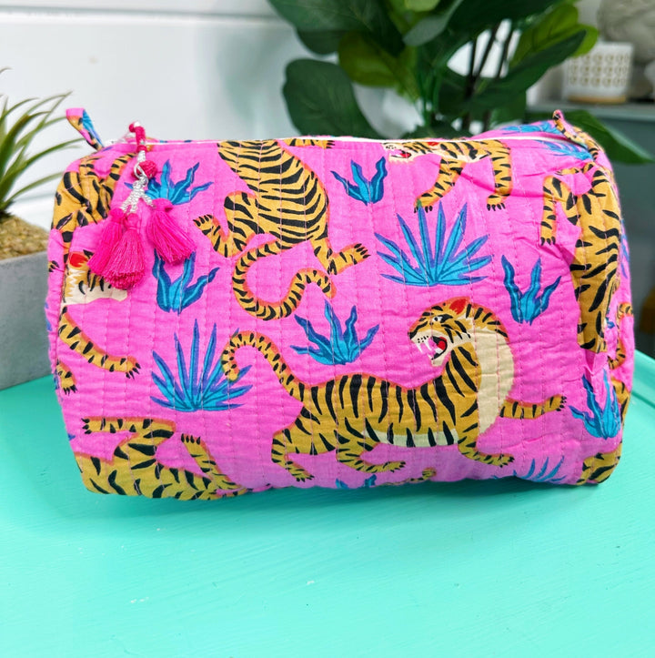 Cosmetic bag/toiletry bag-hand block printed fuchsia tigers