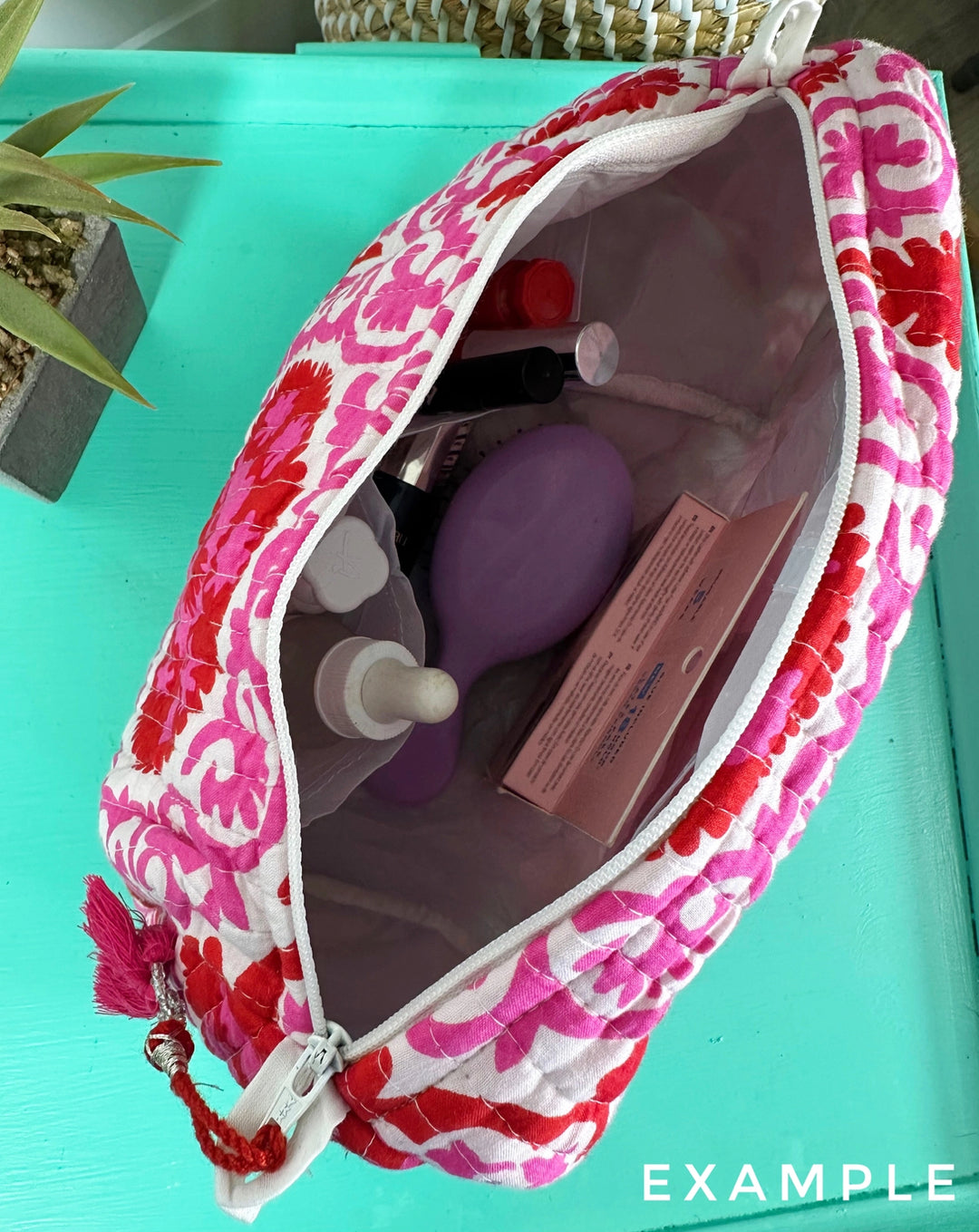 Cosmetic bag/toiletry bag-hand block printed fuchsia tigers
