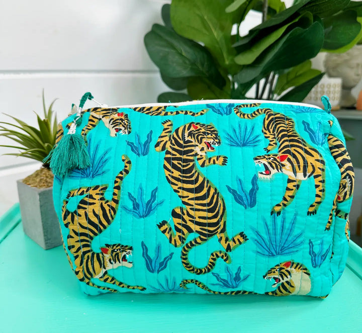 Cosmetic/Toiletry bag-hand block printed turquoise tiger