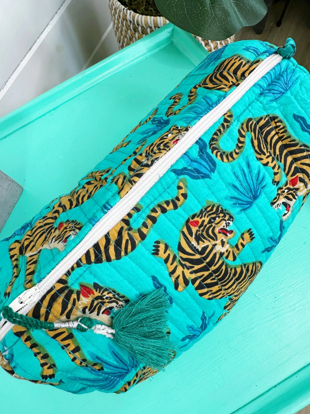 Cosmetic/Toiletry bag-hand block printed turquoise tiger