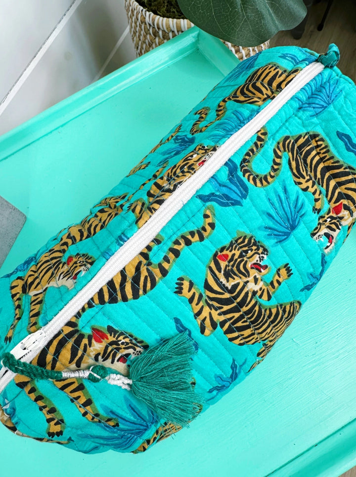 Cosmetic/Toiletry bag-hand block printed turquoise tiger