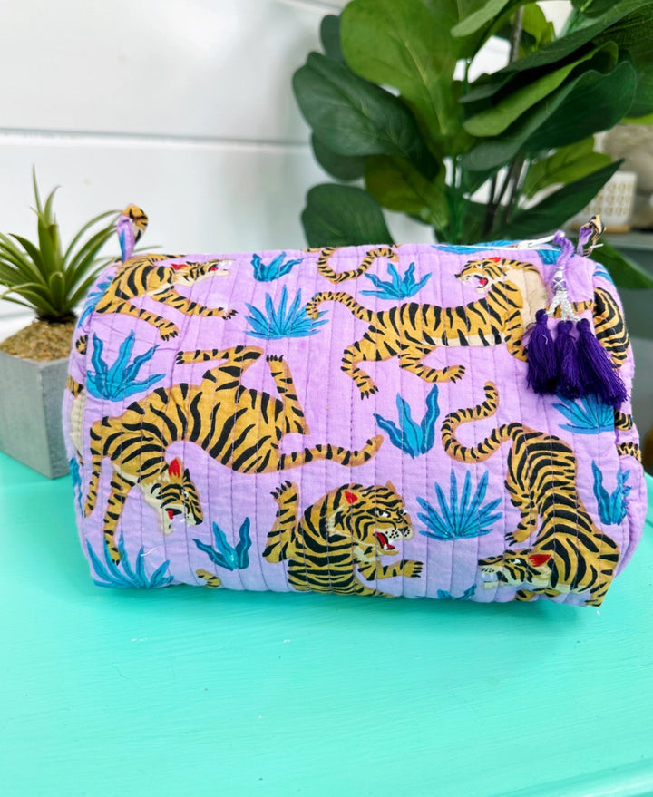 Cosmetic/Toiletry bag hand block printed lilac tigers