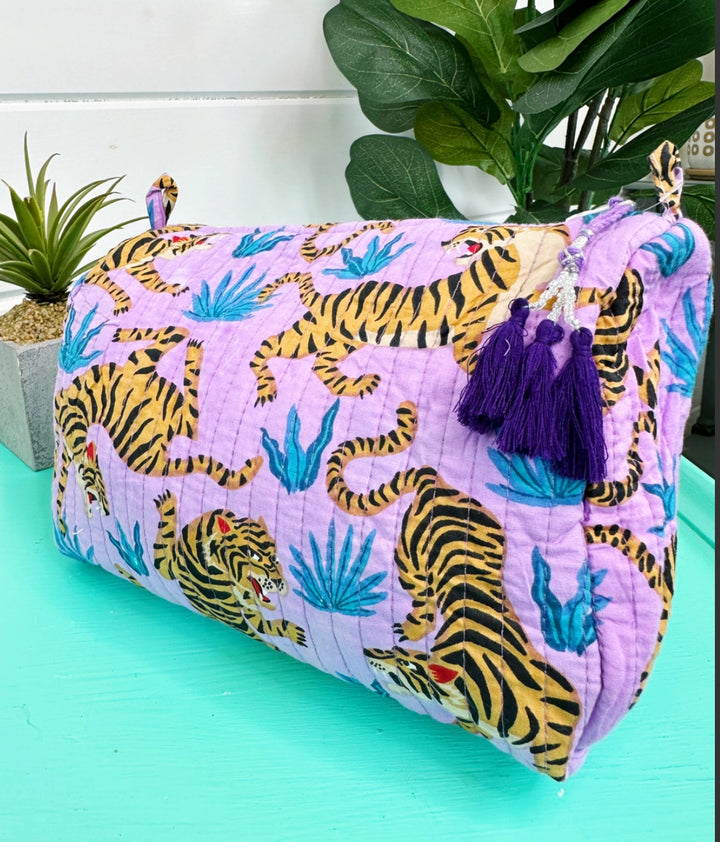 Cosmetic/Toiletry bag hand block printed lilac tigers