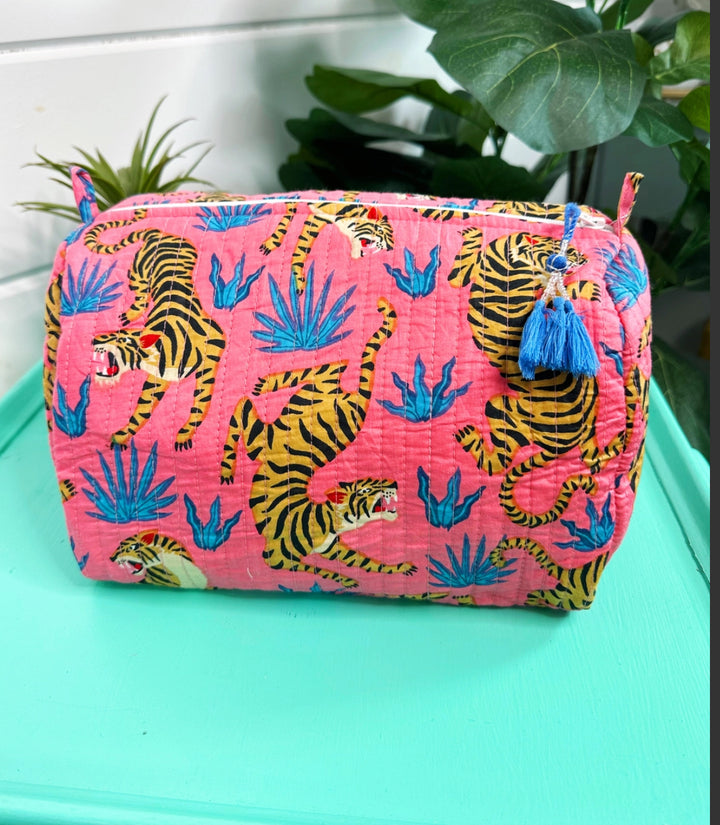 Cosmetic/toiletry bag hand block printed rose tigers