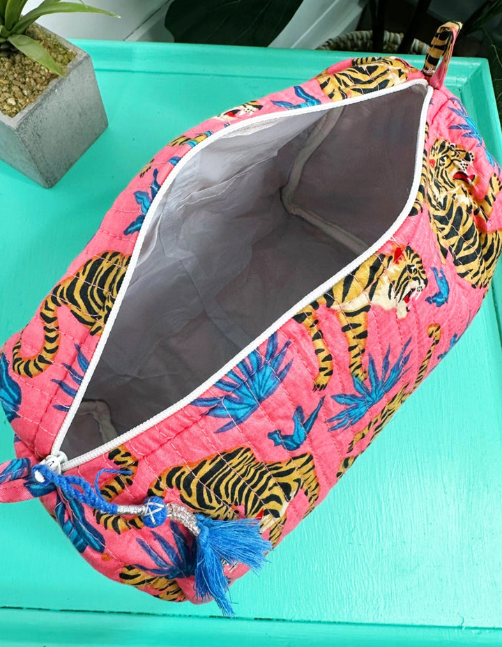 Cosmetic/toiletry bag hand block printed rose tigers