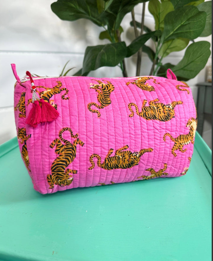 Quilted cosmetic bag/Toiletry bag-hand block printed-pink tigers