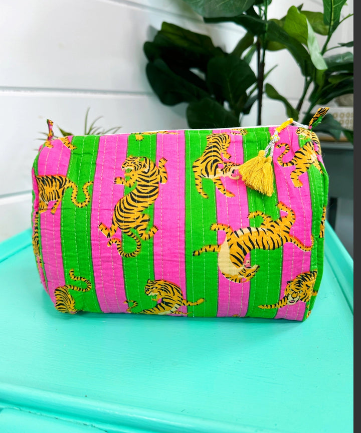 Cosmetic/toiletry bag hand block printed fuchsia and lime striped tiger