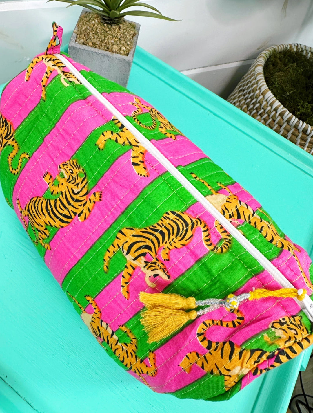 Cosmetic/toiletry bag hand block printed fuchsia and lime striped tiger