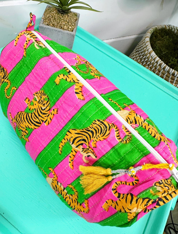 Cosmetic/toiletry bag hand block printed fuchsia and lime striped tiger