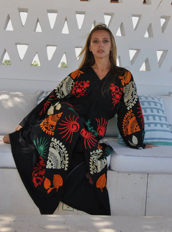 Boho Styled Black Embroidered Kaftan
