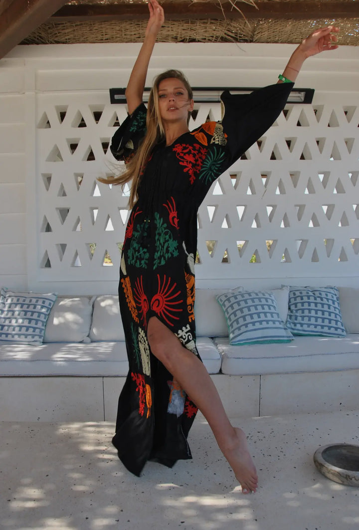 Boho Styled Black Embroidered Kaftan