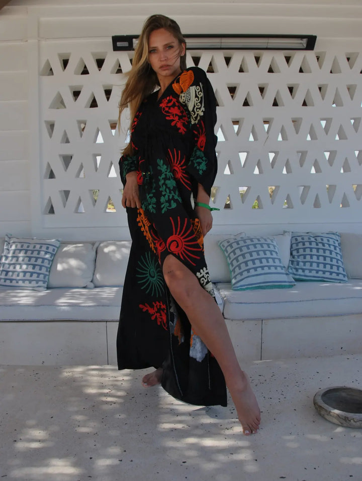 Boho Styled Black Embroidered Kaftan