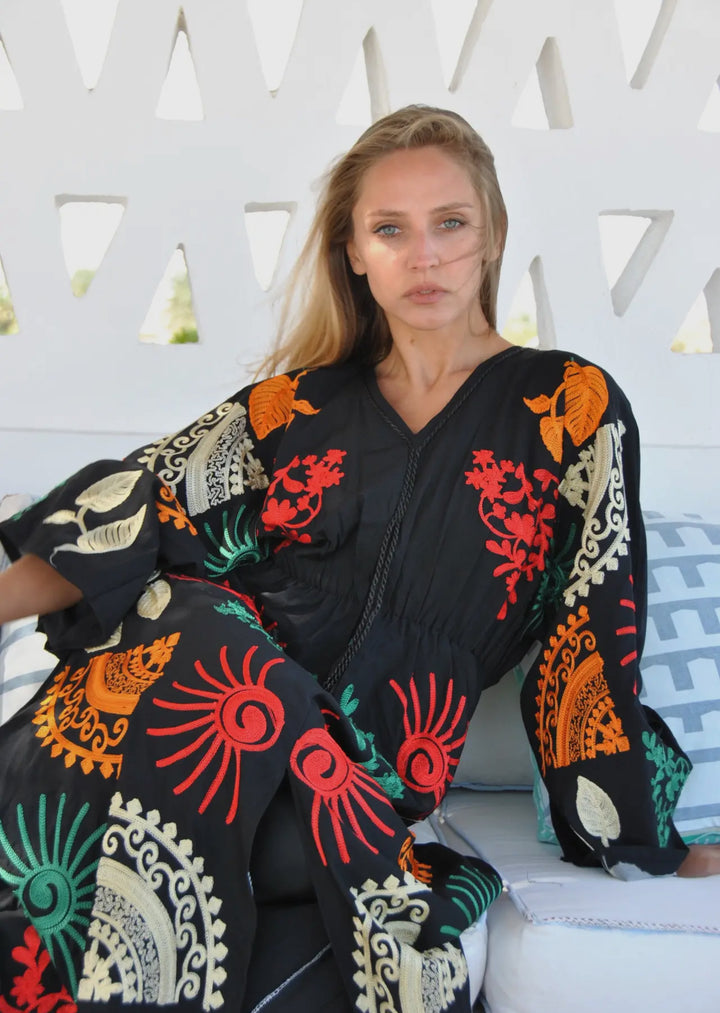 Boho Styled Black Embroidered Kaftan