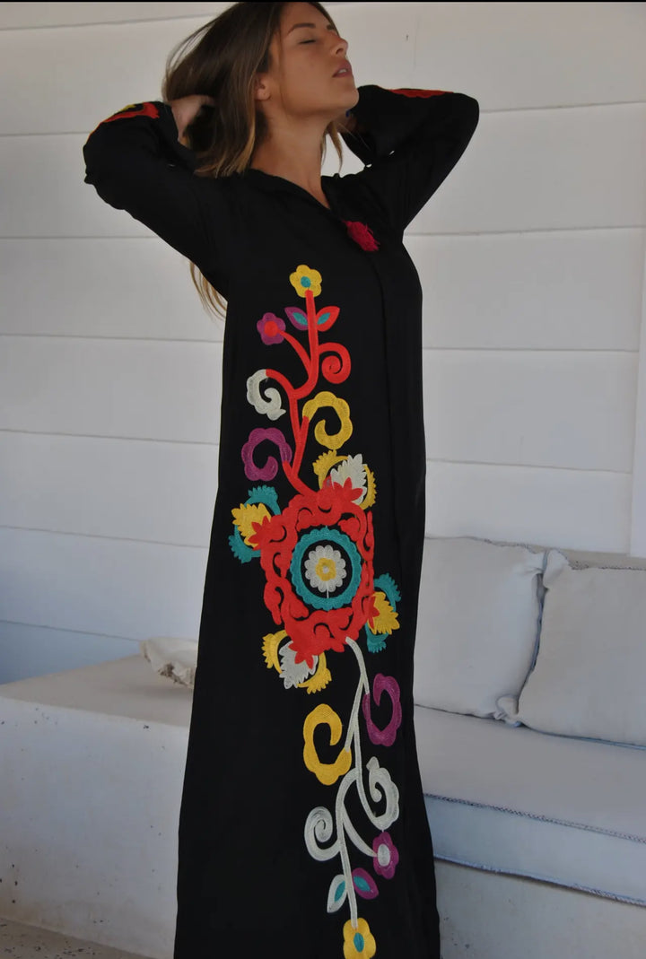Boho Styled Embroidered Kaftan Maxi dress-Black