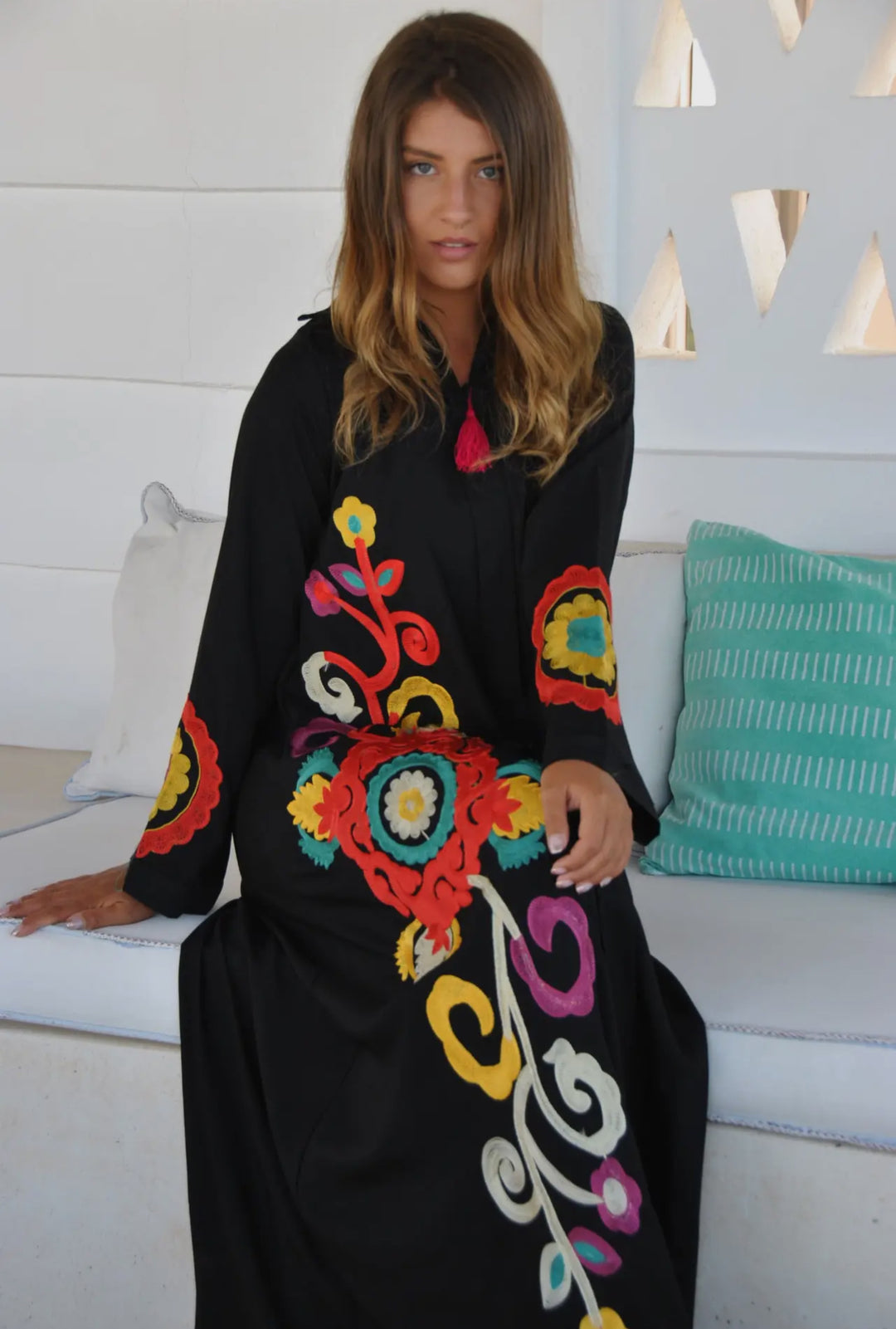 Boho Styled Embroidered Kaftan Maxi dress-Black