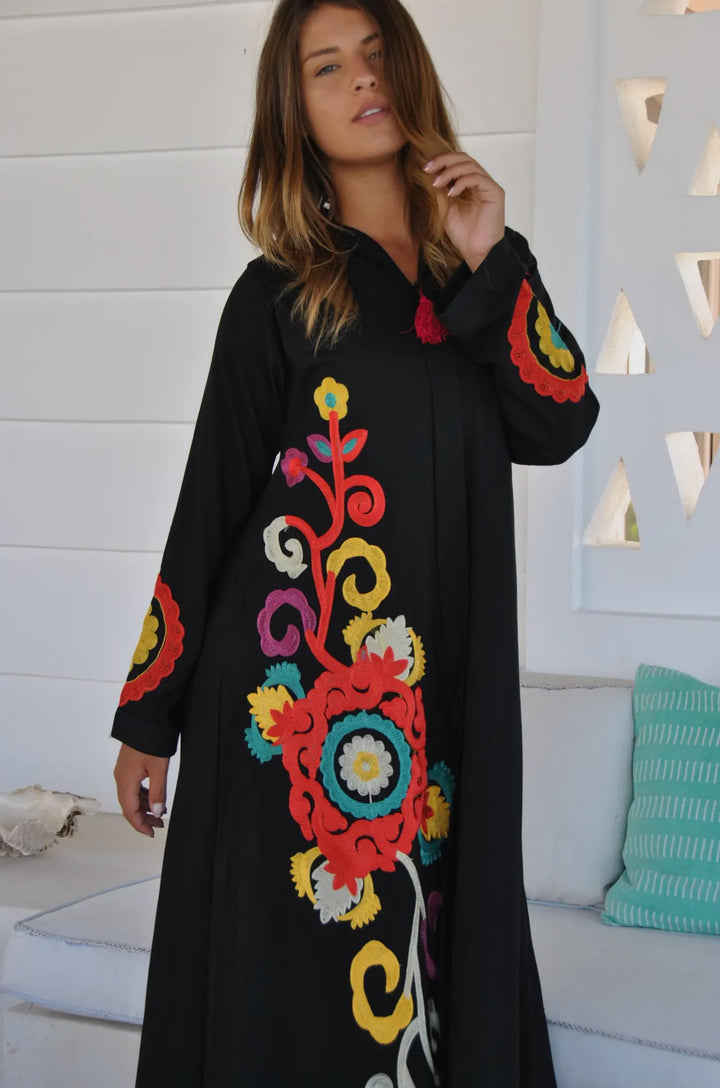 Boho Styled Embroidered Kaftan Maxi dress-Black