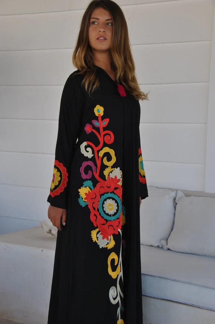Boho Styled Embroidered Kaftan Maxi dress-Black