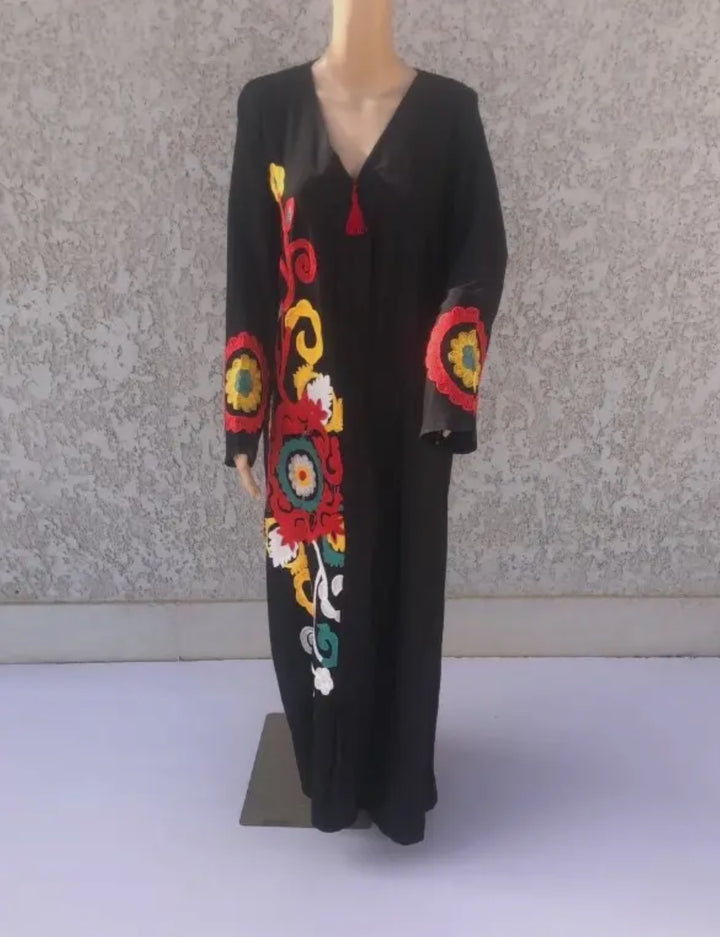 Boho Styled Embroidered Kaftan Maxi dress-Black
