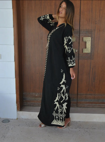 Kaftan Maxi Dress with Embroidered Swallows-Black and Cream