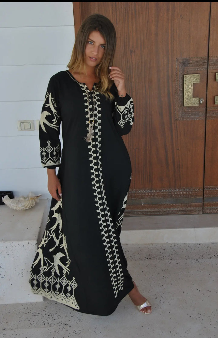 Kaftan Maxi Dress with Embroidered Swallows-Black and Cream