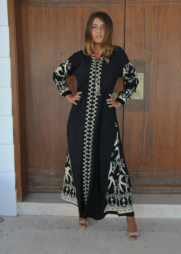 Kaftan Maxi Dress with Embroidered Swallows-Black and Cream