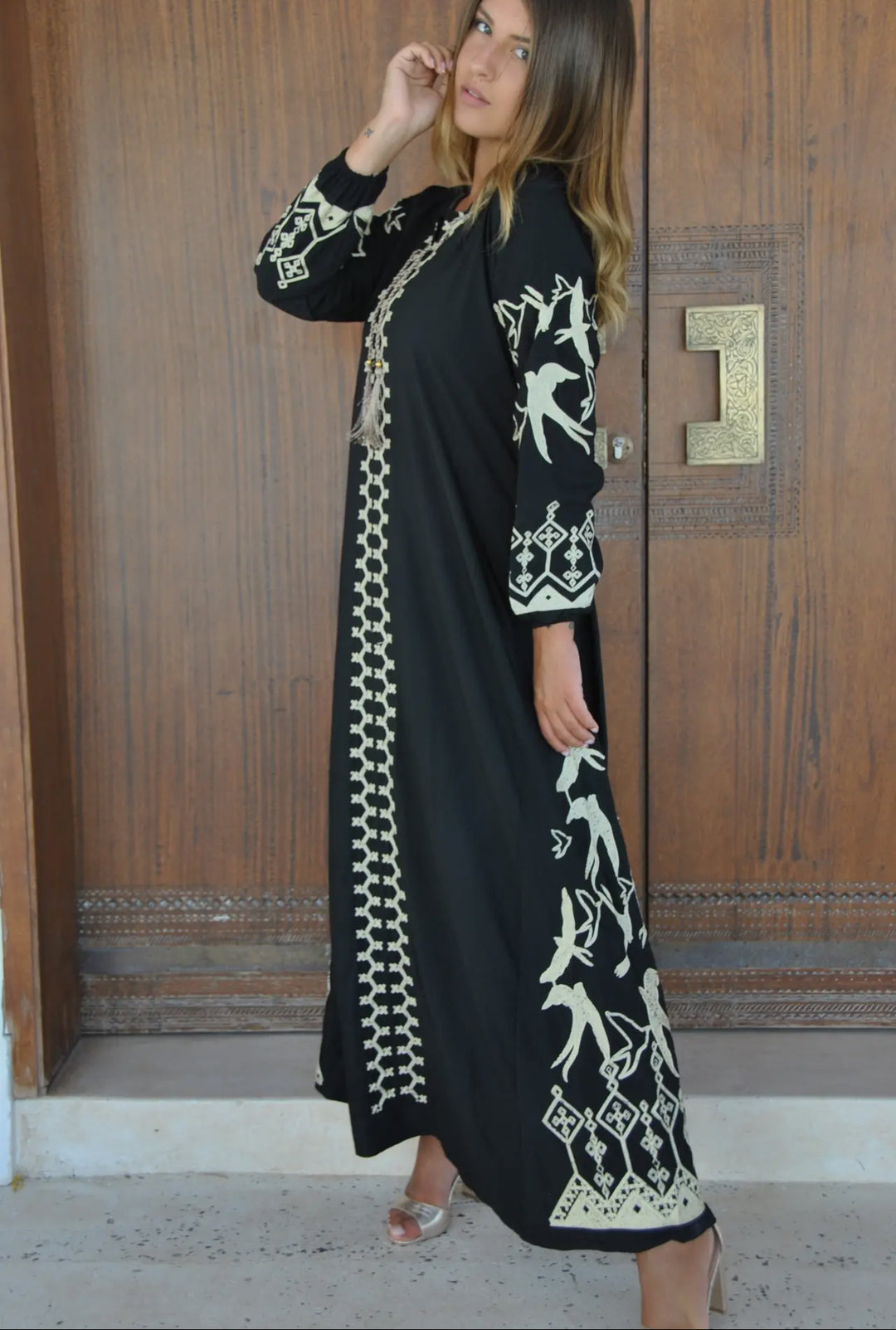 Kaftan Maxi Dress with Embroidered Swallows-Black and Cream