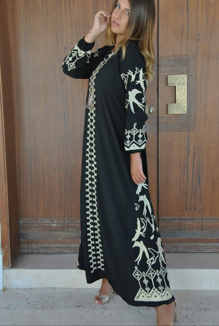 Kaftan Maxi Dress with Embroidered Swallows-Black and Cream