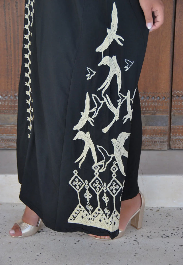 Kaftan Maxi Dress with Embroidered Swallows-Black and Cream