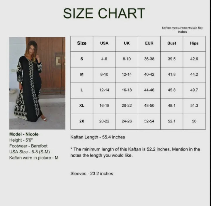 Kaftan Maxi Dress with Embroidered Swallows-Black and Cream