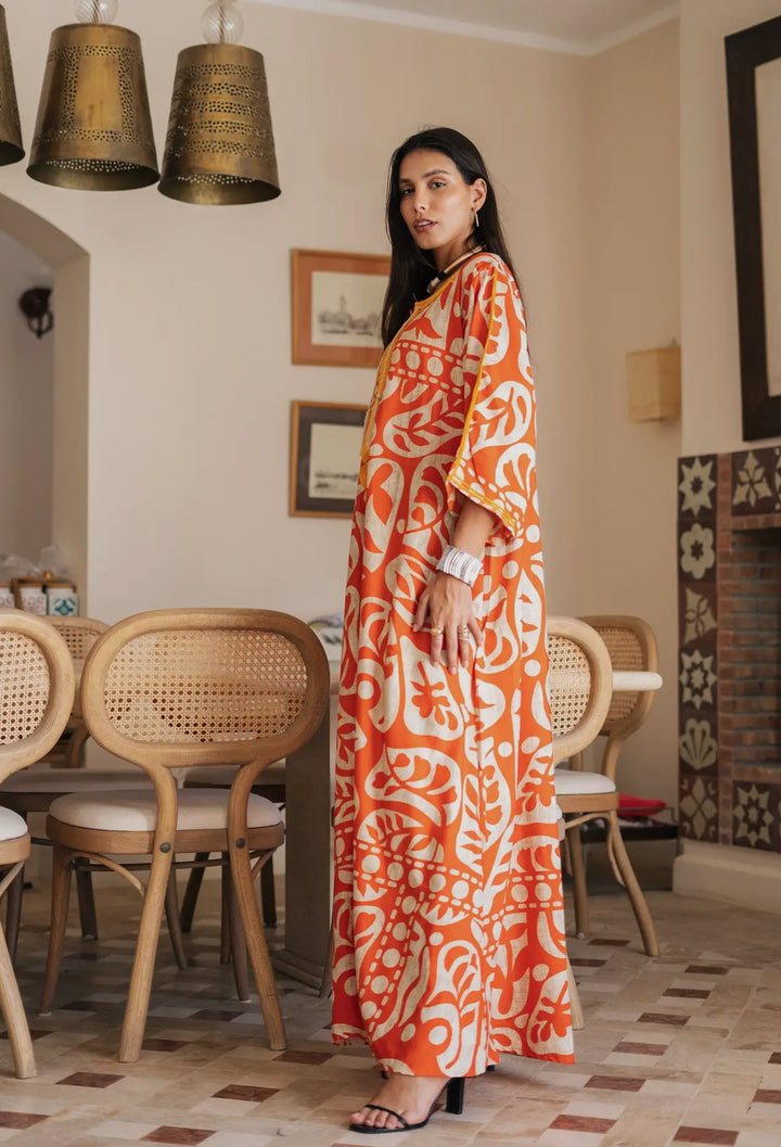 Kaftan Maxi Dress-Boho Styled graphic pattern-Orange/White