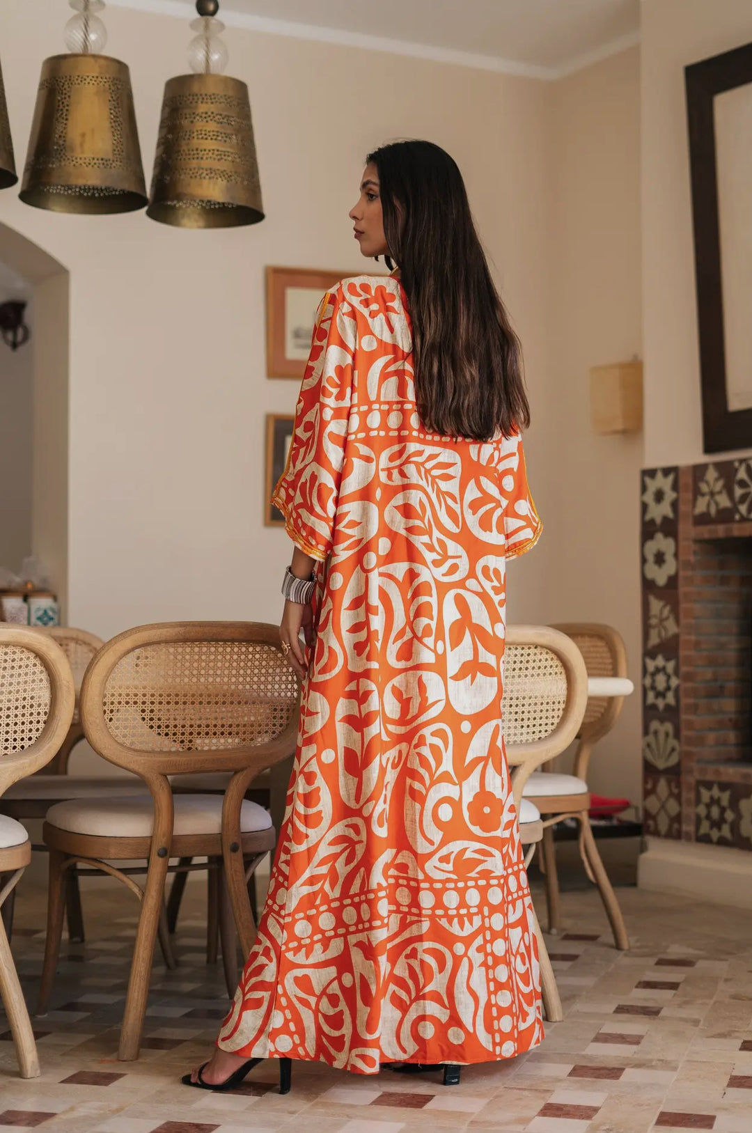 Kaftan Maxi Dress-Boho Styled graphic pattern-Orange/White