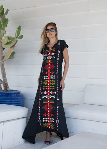 Black Embroidered Kaftan Maxi Dress