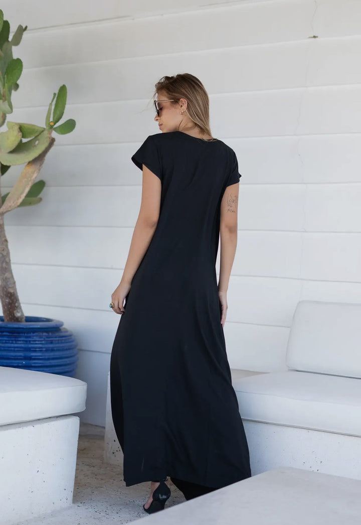 Black Embroidered Kaftan Maxi Dress