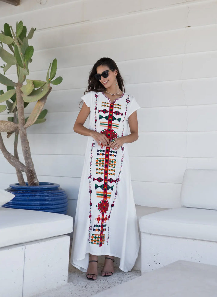 Embroidered White Kaftan Maxi Dress