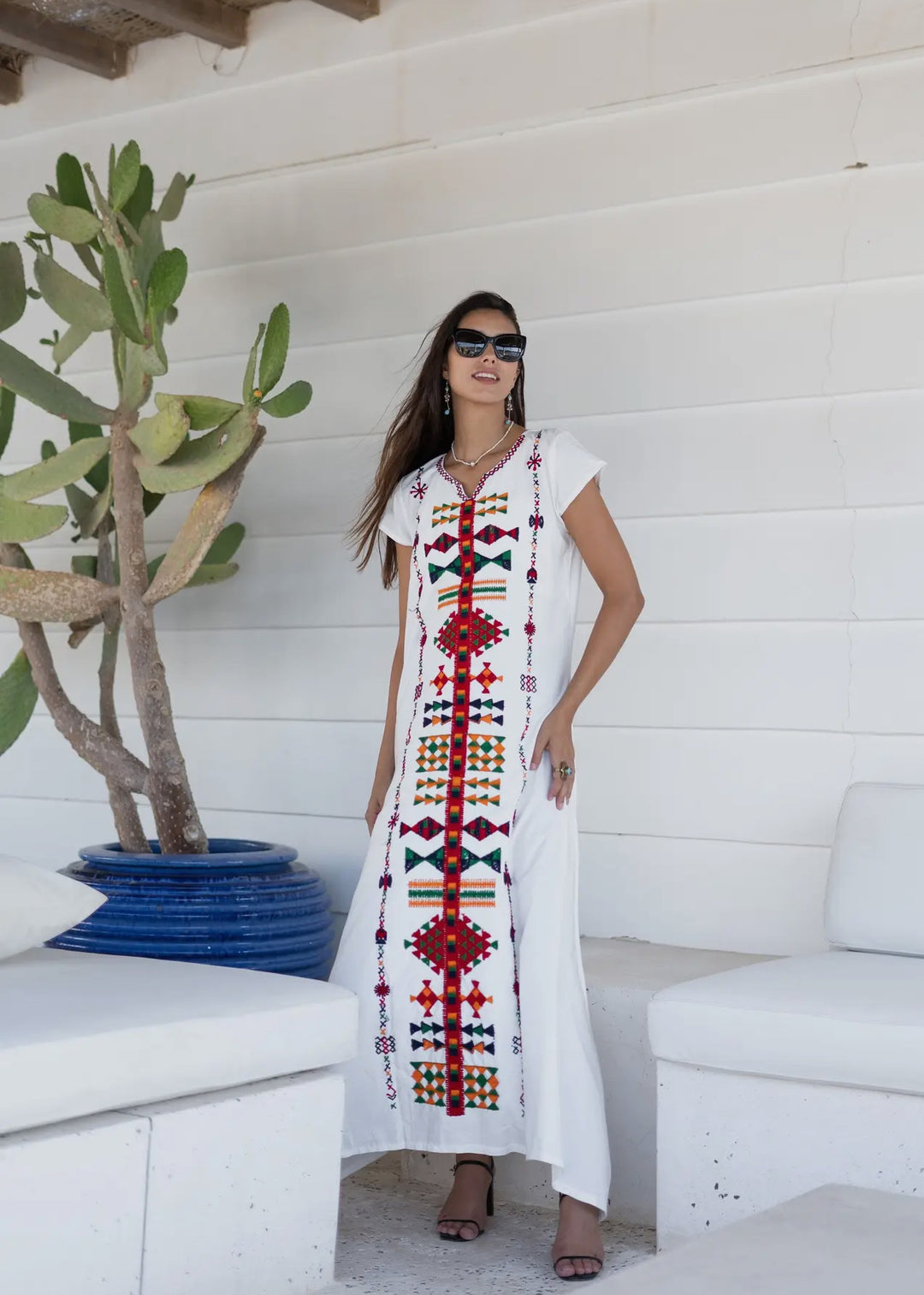 Embroidered White Kaftan Maxi Dress