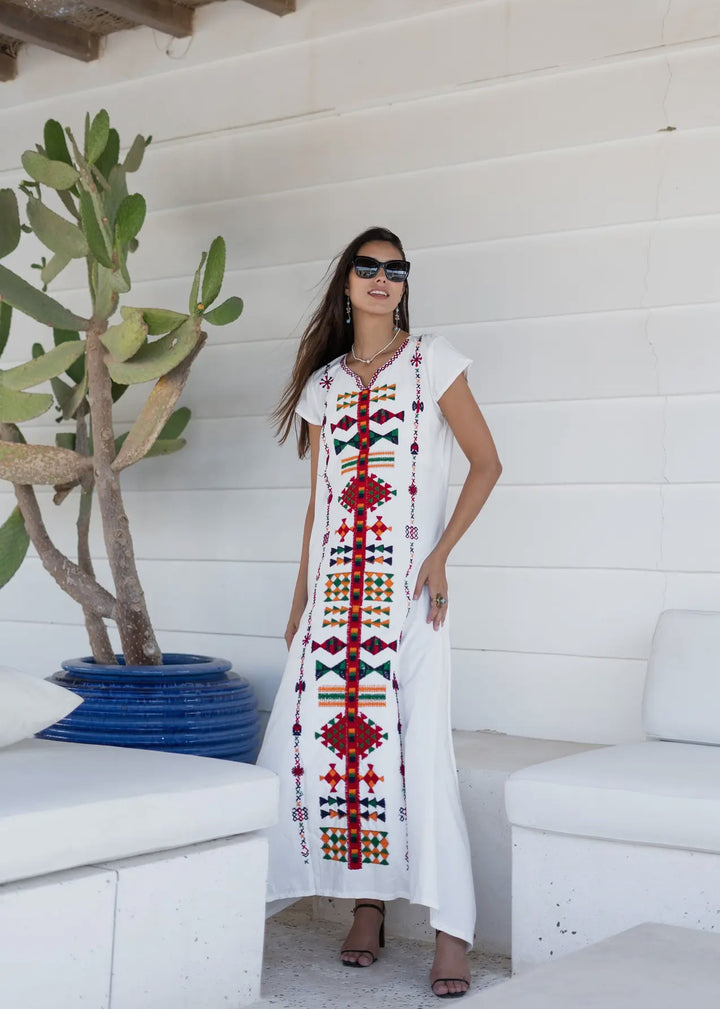Embroidered White Kaftan Maxi Dress