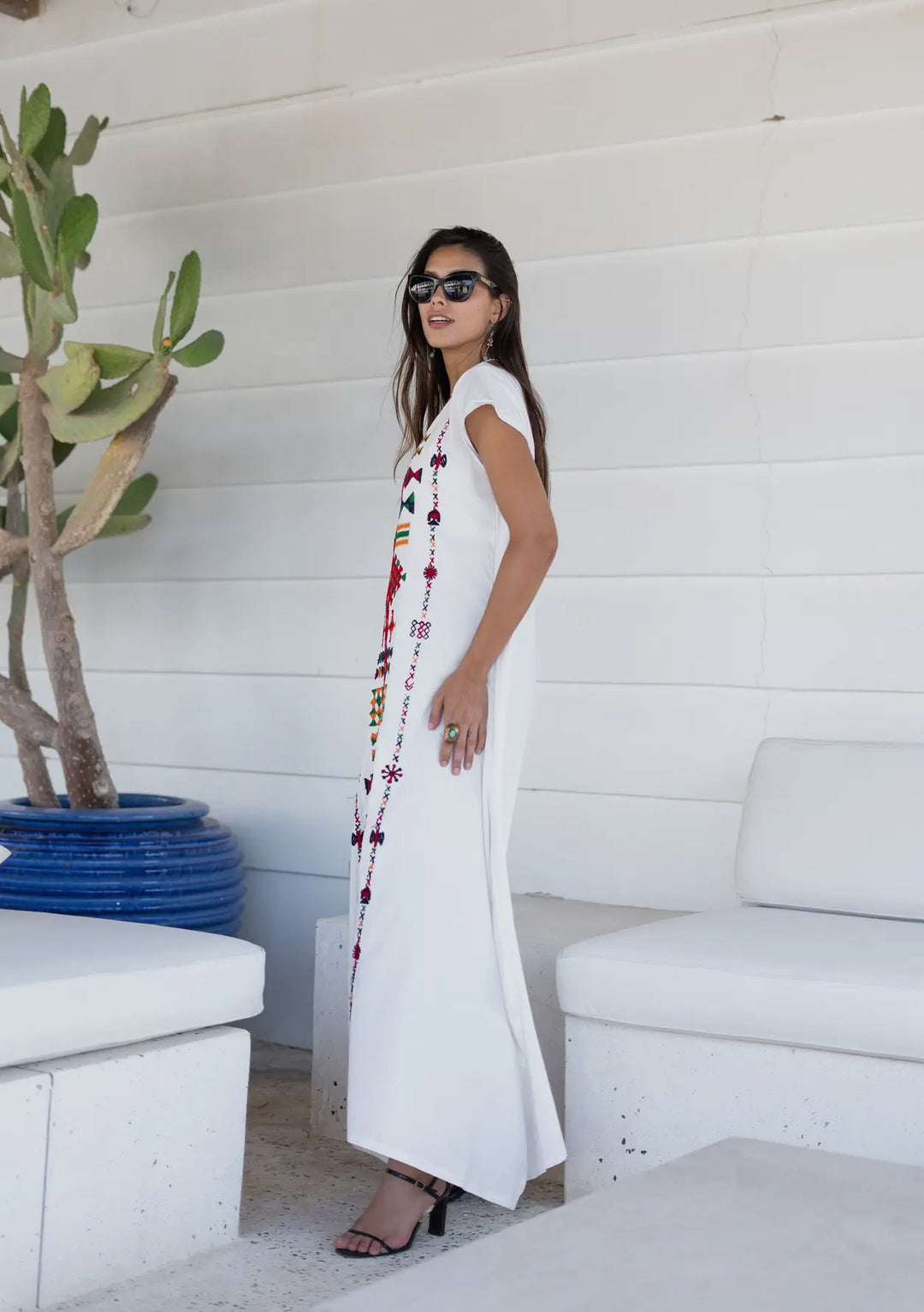 Embroidered White Kaftan Maxi Dress