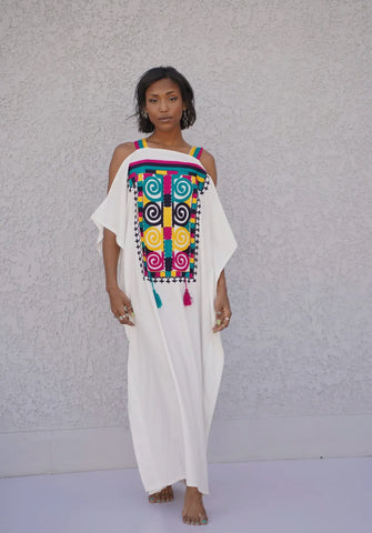 Boho Styled Embroidered Kaftan Dress-White