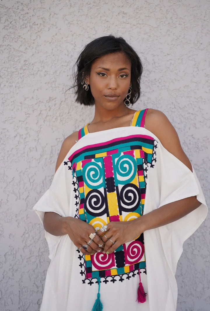 Boho Styled Embroidered Kaftan Dress-White