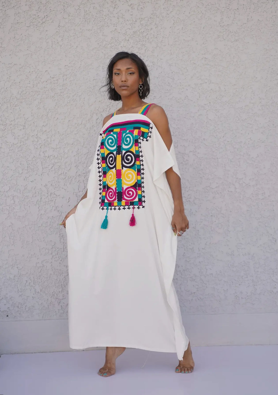 Boho Styled Embroidered Kaftan Dress-White