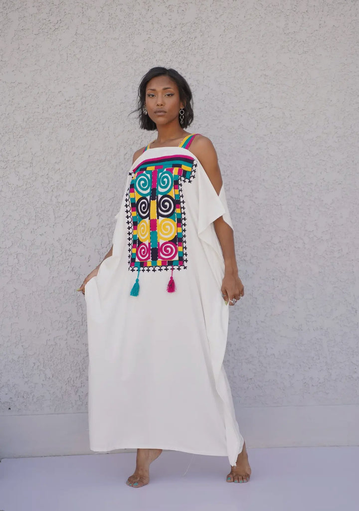 Boho Styled Embroidered Kaftan Dress-White