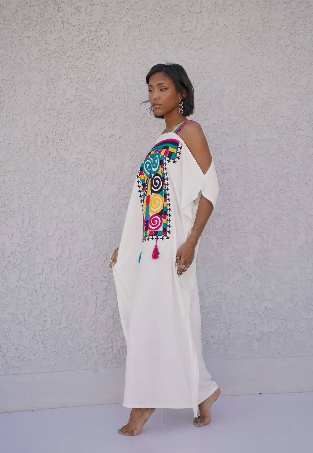 Boho Styled Embroidered Kaftan Dress-White