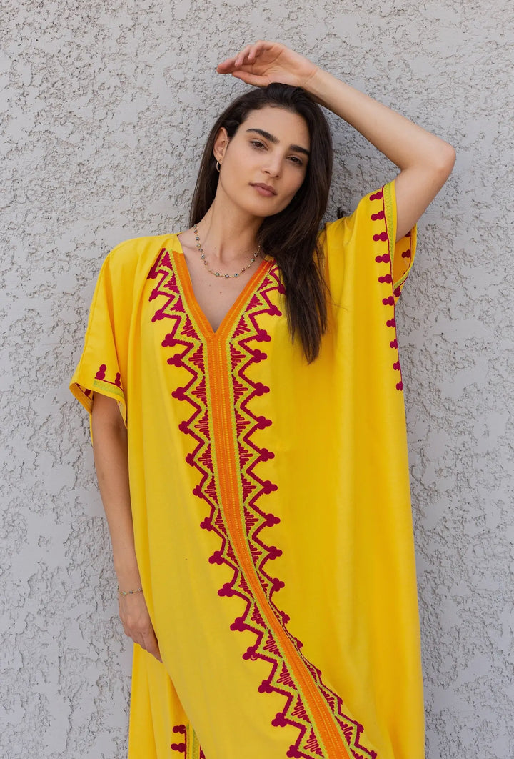 Yellow Embroidered Kaftan Dress