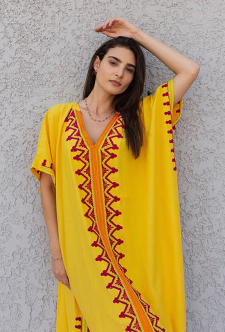 Yellow Embroidered Kaftan Dress